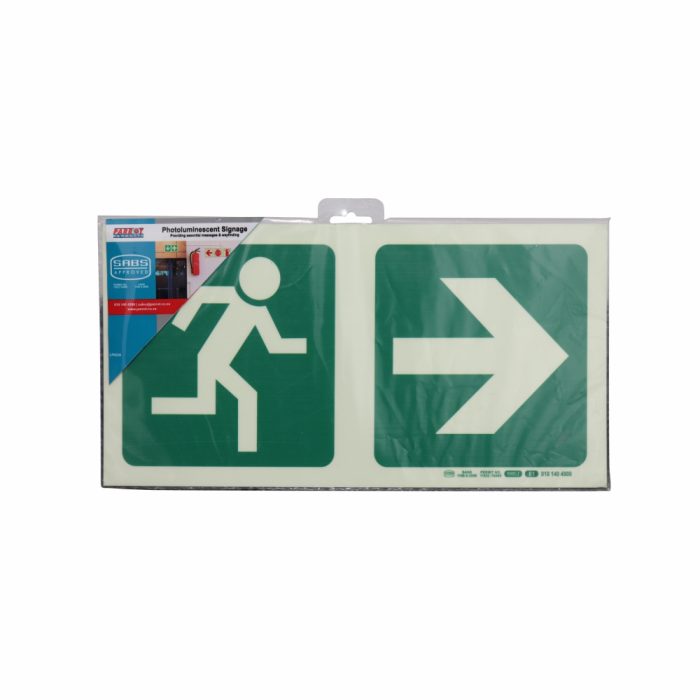 PHOTOLUMINESCENT 190MM SAFETY SIGN -E1-RUNNING MAN+ARROW RIGHT
