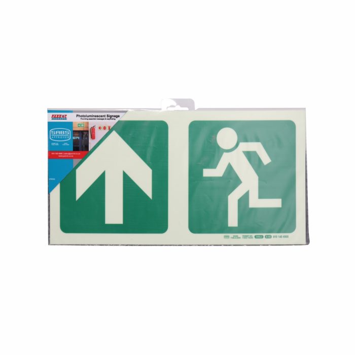 PHOTOLUMINESCENT 190MM SAFETY SIGN -E10-ARROW UP+RUNNING MAN