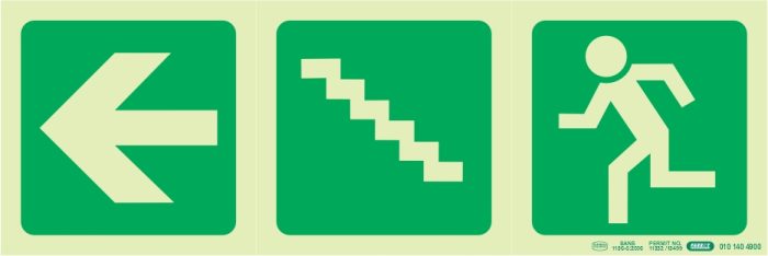 PHOTOLUMINESCENT 190MM SAFETY SIGN -E19-ARROW LEFT+STAIRS GOING UP+RUNNING MAN