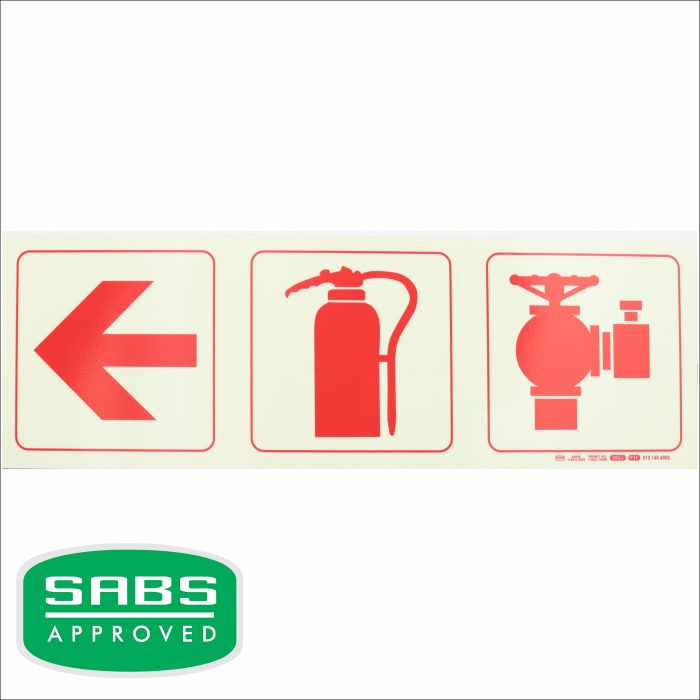 PHOTOLUMINESCENT 190MM SAFETY SIGN - F11-ARROW LEFT+FIRE EXTINGHUISHER+FIRE HYDRANT