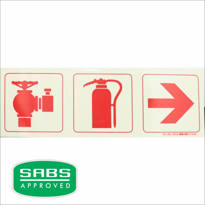 PHOTOLUMINESCENT 190MM SAFETY SIGN - F12-FIRE HYDRANT+FIRE EXTINGUISHER+ARROW RIGHT