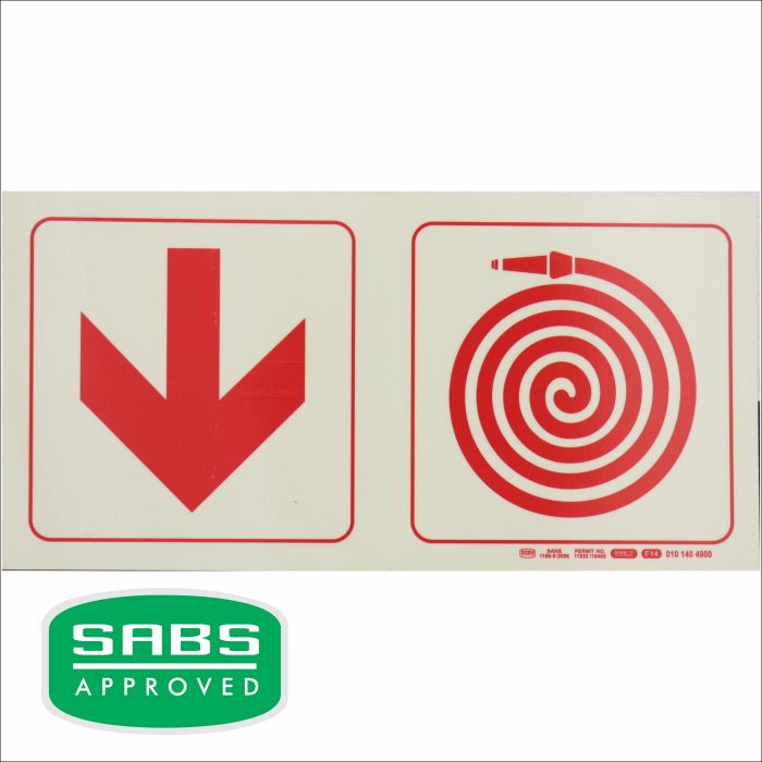 PHOTOLUMINESCENT 190MM SAFETY SIGN - F14-ARROW DOWN+FIRE HOSE REEL