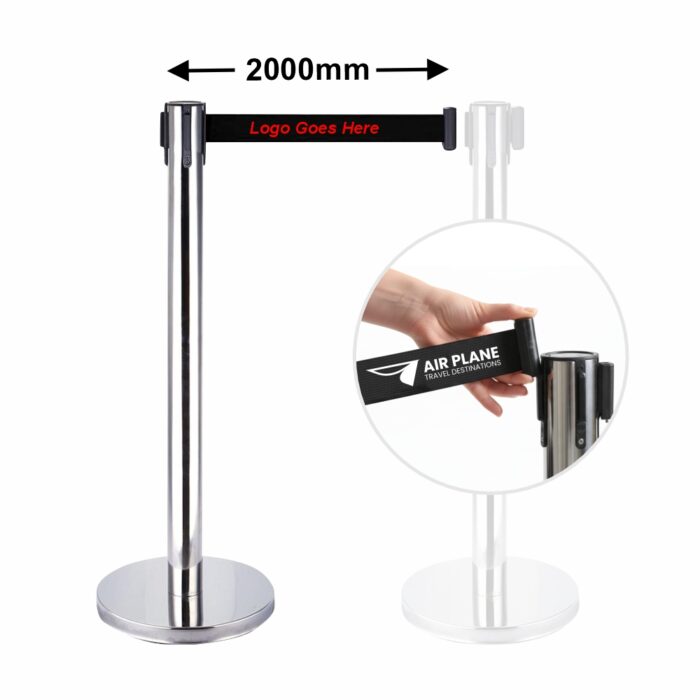 RETRACTABLE QUEUE BARRIER CHROME WITH BLACK BELT 910X320MM WITH PRINT