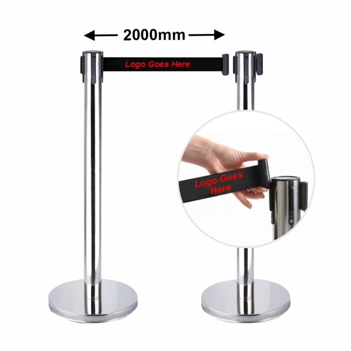 RETRACTABLE QUEUE BARRIER CHROME WITH BLACK BELT 910X320MM WITH PRINT - BOX OF 2